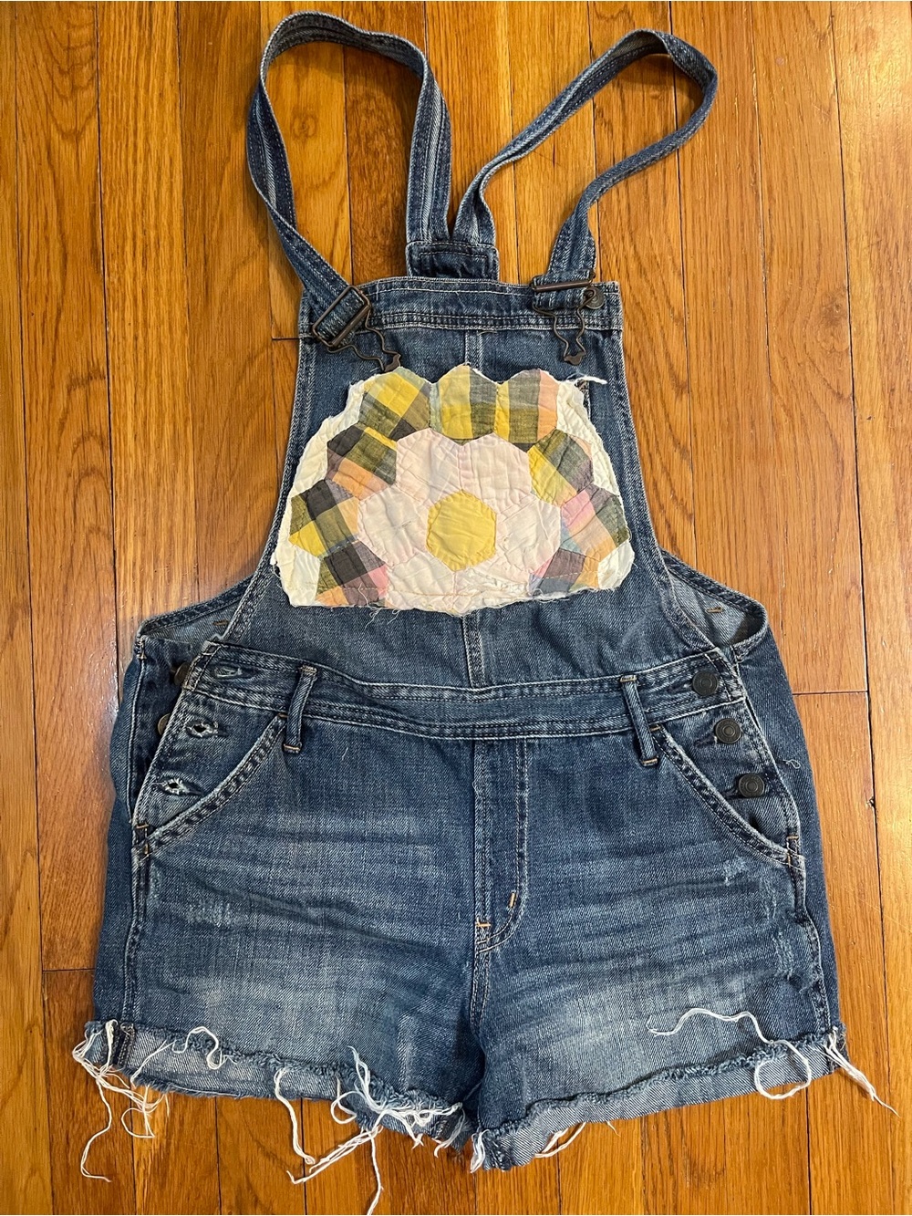 Handmade Denim Short Overalls with Patchwork Sunburst
